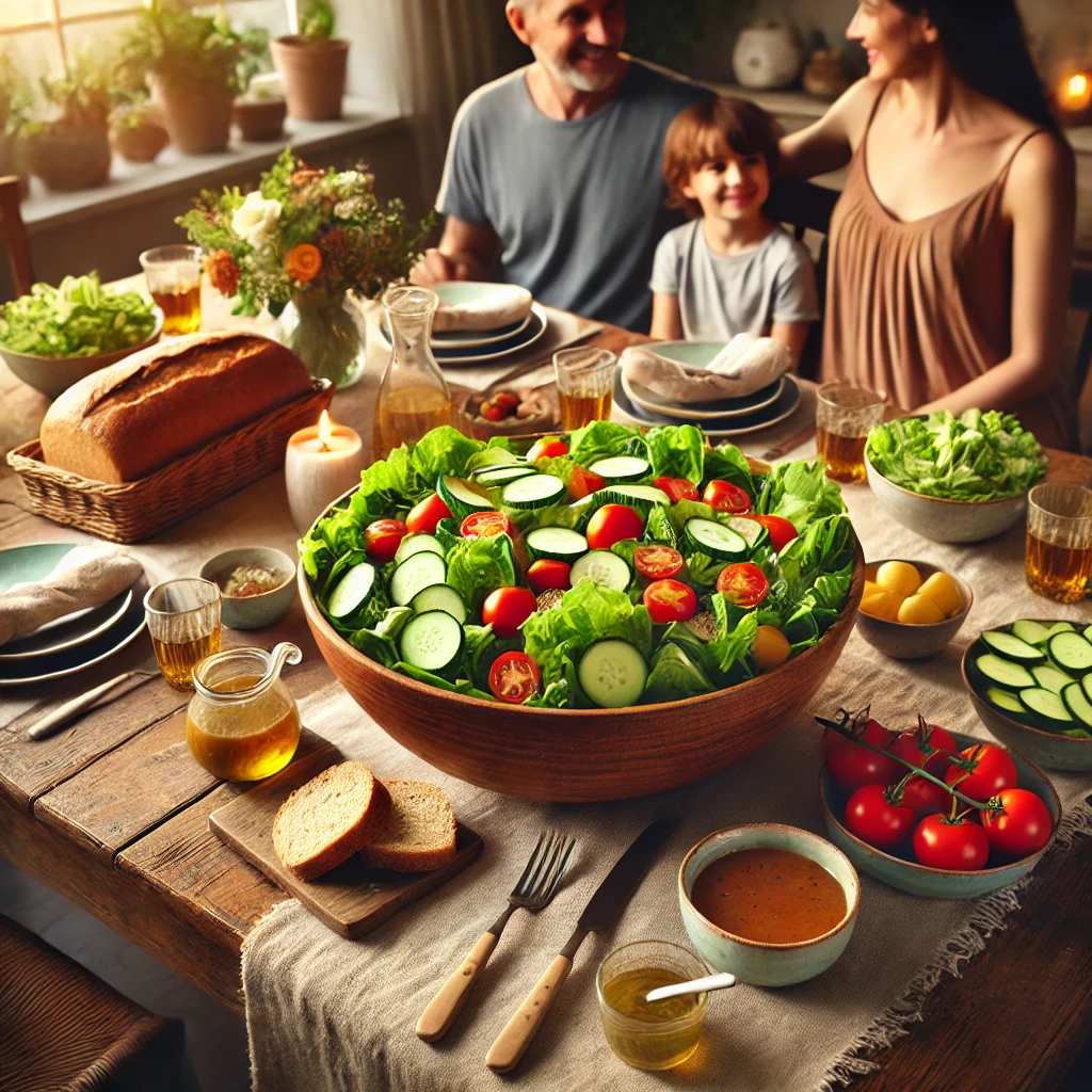 A warm, inviting image of a big, colorful salad bowl filled with fresh greens, cherry tomatoes, cucumbers, and grilled chicken, surrounded by a happy family enjoying a meal together. The table is set with small bowls of dressing, lemon wedges, and a rustic loaf of bread, creating a cozy and wholesome dining scene. 🌿🥗❤️ #FamilyMeals #HealthyEating #BudgetFriendlyDinners

