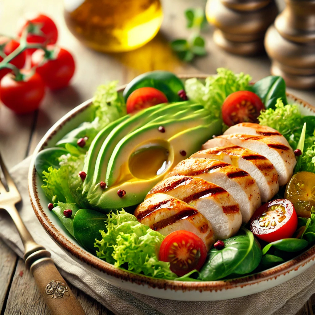 Crisp, fresh greens. Creamy, ripe avocado. Juicy, golden-seared grilled chicken. Every bite of this Avocado Salad with Grilled Chicken is a perfect balance of flavors and textures, bursting with nourishment and pure satisfaction. The cherry tomatoes add a pop of sweetness, while a light, zesty dressing ties everything together like a symphony of deliciousness.
