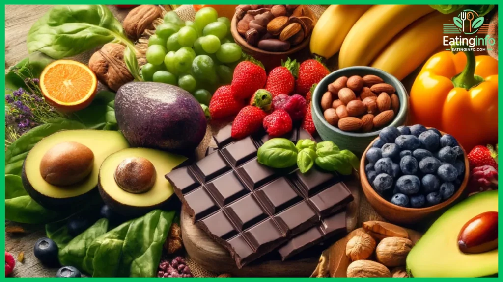A vibrant and inviting spread of happiness-boosting foods, including dark chocolate, bananas, berries, nuts, avocados, salmon, and leafy greens, beautifully arranged on a rustic wooden table with warm lighting to enhance their natural freshness and mood-lifting benefits.