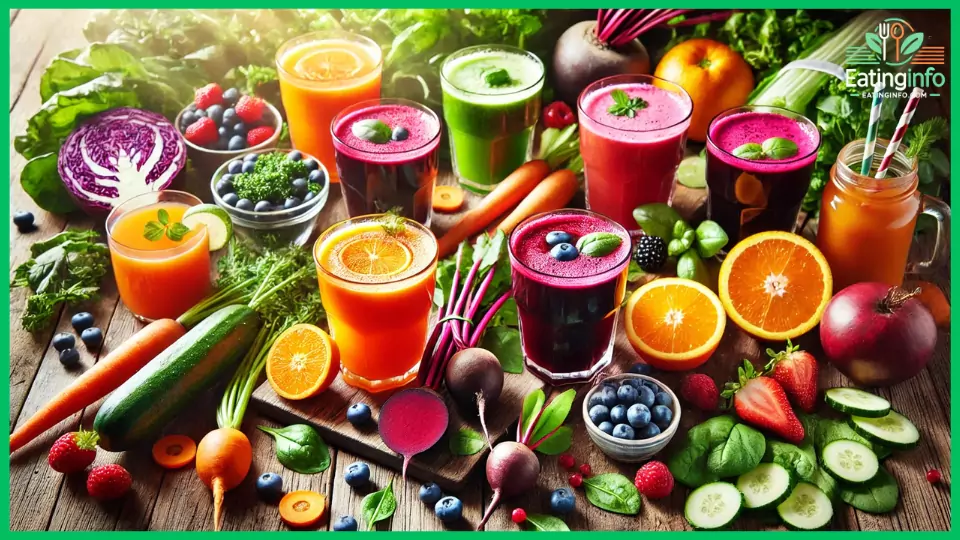 A vibrant display of 10 healthy juice recipes for weight loss, featuring colorful glasses filled with fresh fruit and vegetable juices, surrounded by fresh ingredients.