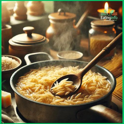 A cozy kitchen scene with a large pot of steaming orzo on the stove, glistening in a light broth. Soft lighting enhances the warm, inviting atmosphere, while a rustic wooden spoon stirs the tender pasta. Fresh herbs and parmesan cheese sit nearby, ready to add the perfect finishing touch. The wooden countertops and homey details create a comforting, welcoming feel.







