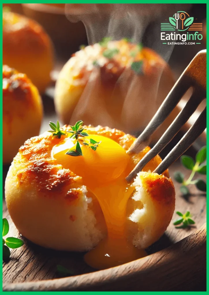 Close-up of steaming hot egg bites on a wooden plate, golden and fluffy, garnished with herbs. A fork pokes one, piercing through to the soft cheesy center. Warm light contributes to the welcoming and homely ambiance.