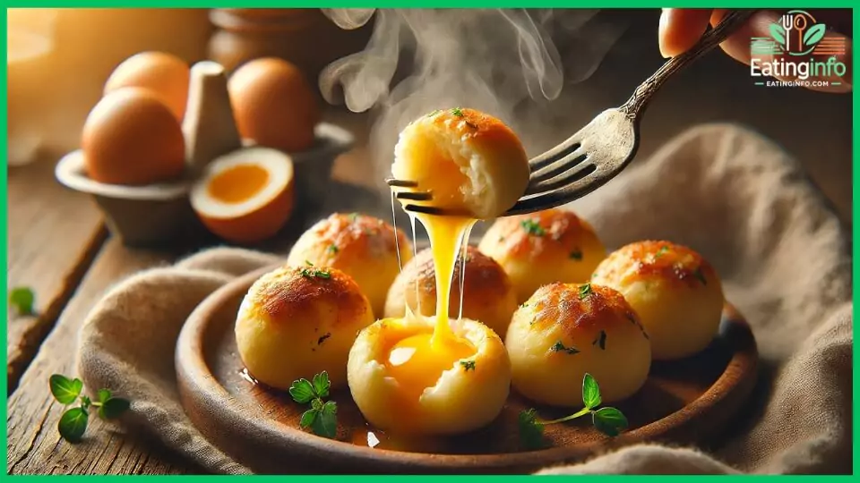 Steaming hot, golden-brown egg bites on a rustic wooden plate, garnished with fresh herbs. A fork reveals their soft, cheesy interior, creating a cozy, delicious feel.