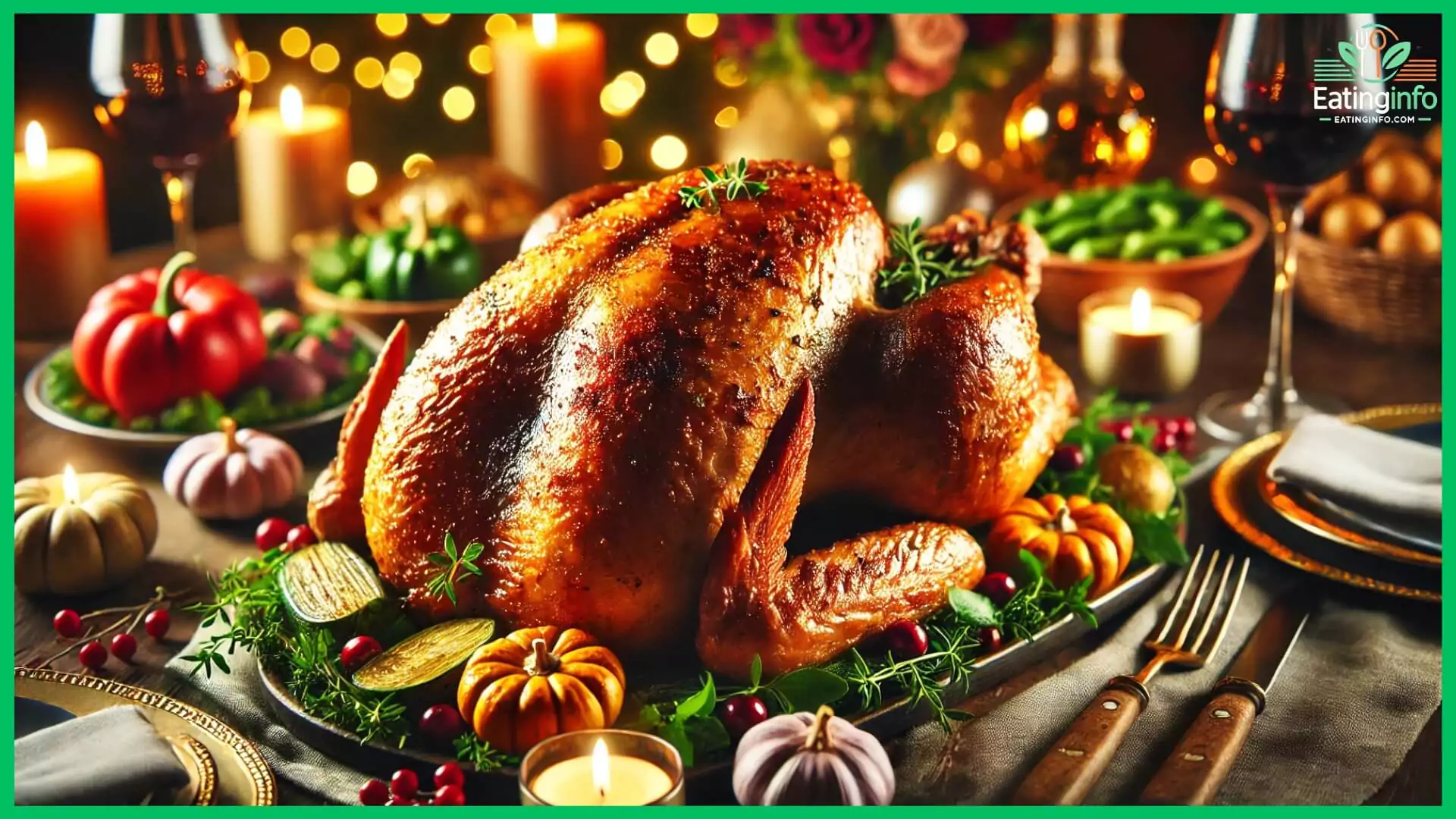 A beautifully roasted turkey with golden, crispy skin, surrounded by roasted vegetables and fresh herbs on a festive dinner table, radiating warmth and celebration.
